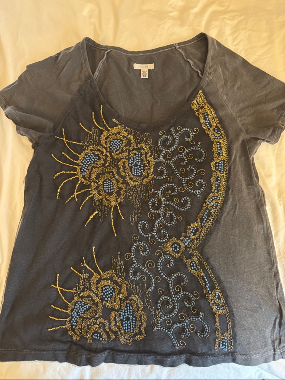 Ecote Gray Scoop Neck Short Sleeve Tee with Gold & Blue Beading
